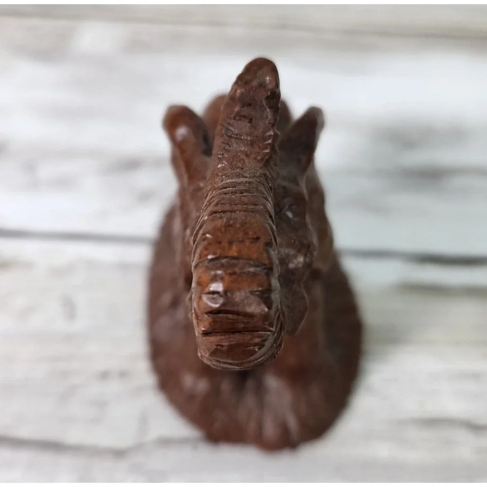 Carved Baby Elephant Raised Trunk‎ Miniature Brown Figurine Statue Safari